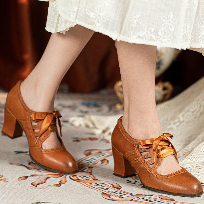 Vintage Brogue Ribbon Tie Mary Jane Heels Handmade Leather Cutout Pumps in Light Brown