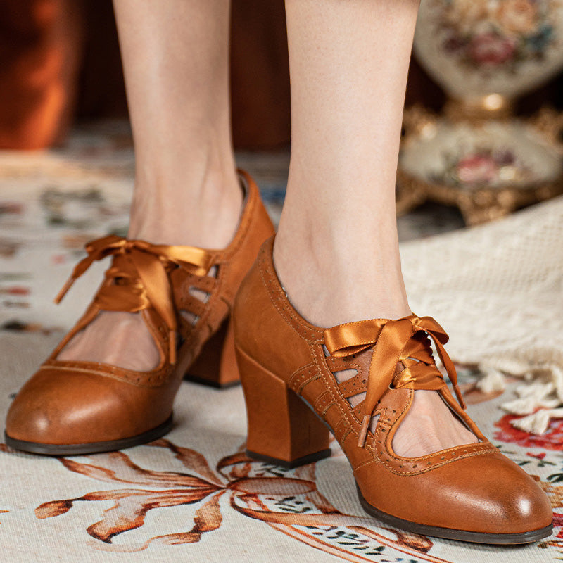Vintage Brogue Ribbon Tie Mary Jane Heels Handmade Leather Cutout Pumps in Light Brown