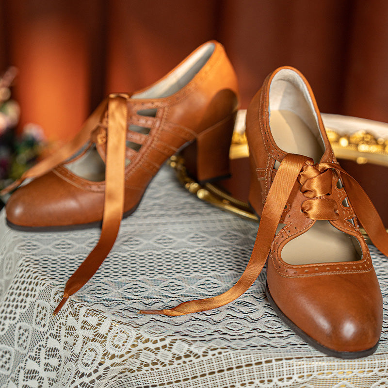 Vintage Brogue Ribbon Tie Mary Jane Heels Handmade Leather Cutout Pumps in Light Brown