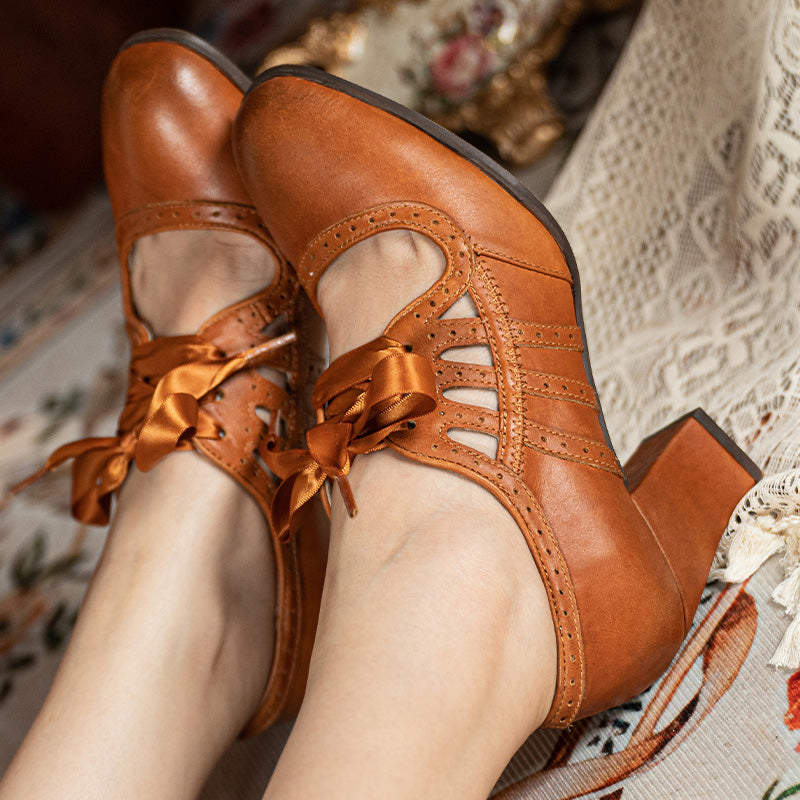 Vintage Brogue Ribbon Tie Mary Jane Heels Handmade Leather Cutout Pumps in Light Brown