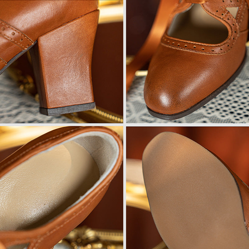 Vintage Brogue Ribbon Tie Mary Jane Heels Handmade Leather Cutout Pumps in Light Brown