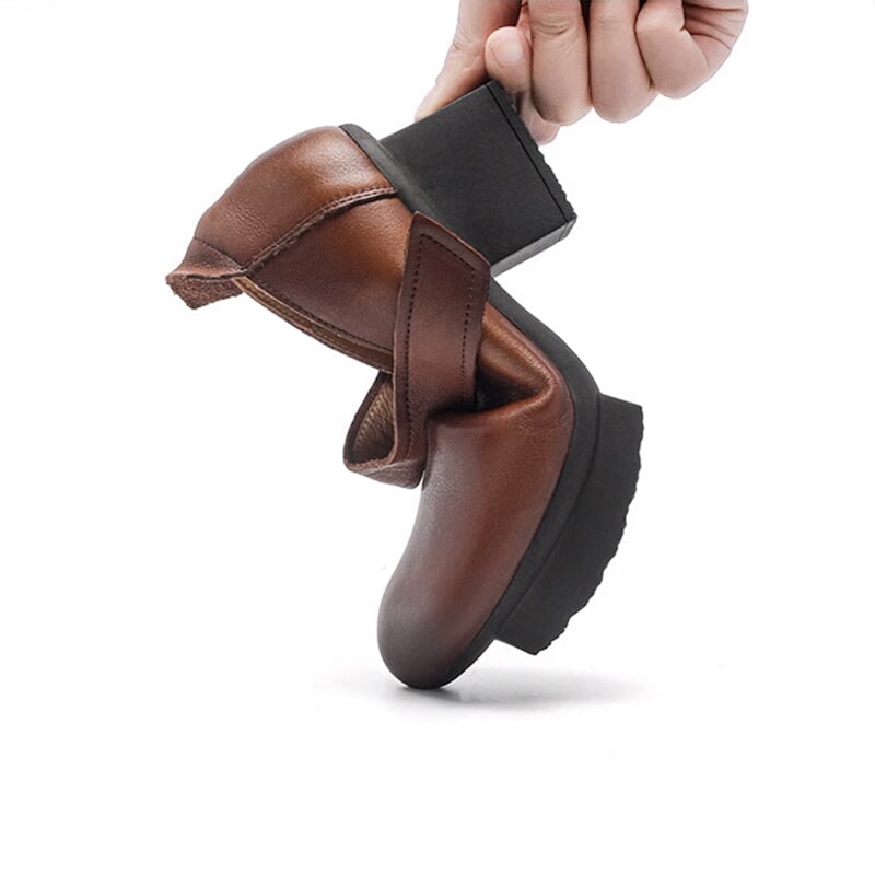 Vintage Chunky Block Heel Leather Mary Jane Shoes with Velcro Strap in Black/Deep Brown