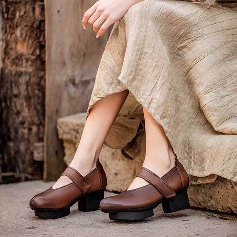 Vintage Chunky Block Heel Leather Mary Jane Shoes with Velcro Strap in Black/Deep Brown