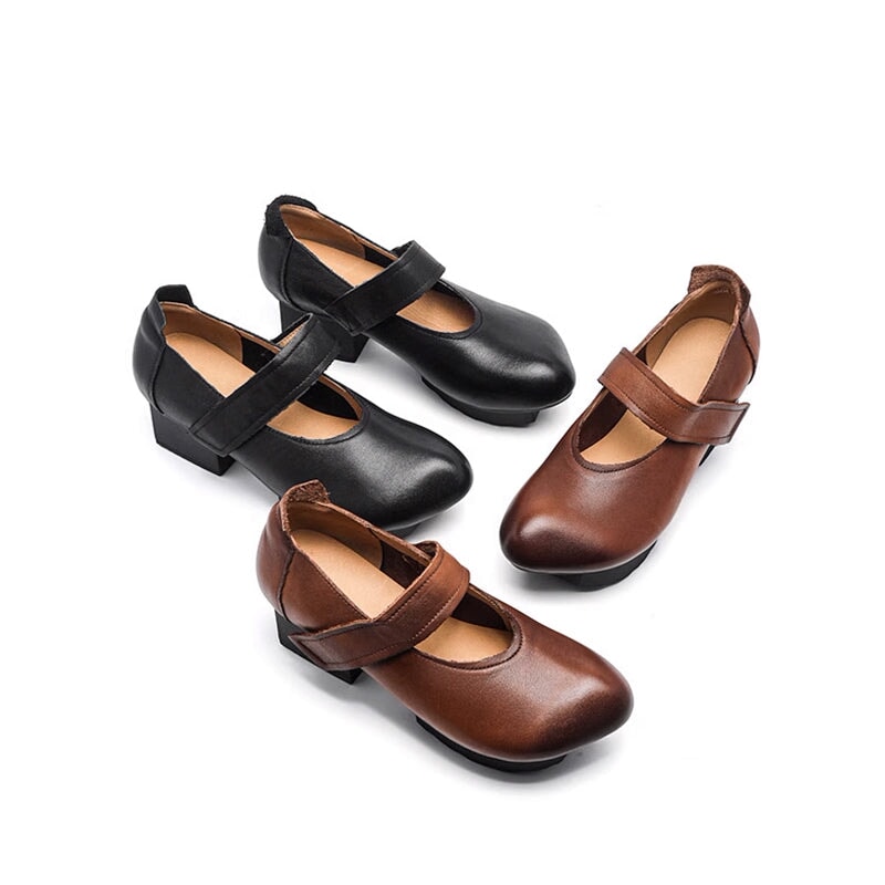Vintage Chunky Block Heel Leather Mary Jane Shoes with Velcro Strap in Black/Deep Brown