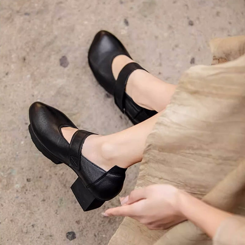 Vintage Chunky Block Heel Leather Mary Jane Shoes with Velcro Strap in Black/Deep Brown