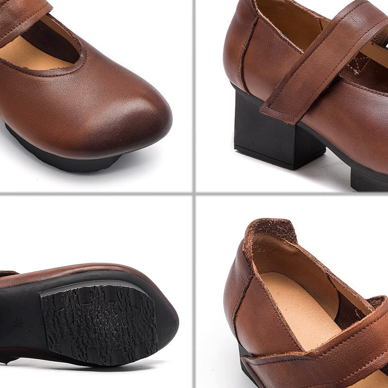 Vintage Chunky Block Heel Leather Mary Jane Shoes with Velcro Strap in Black/Deep Brown