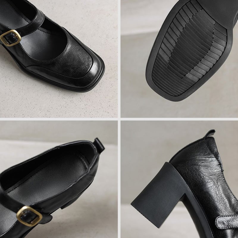 Vintage Classic Sheepskin Square-Toe Mary Jane Shoes in Black/Wine Red