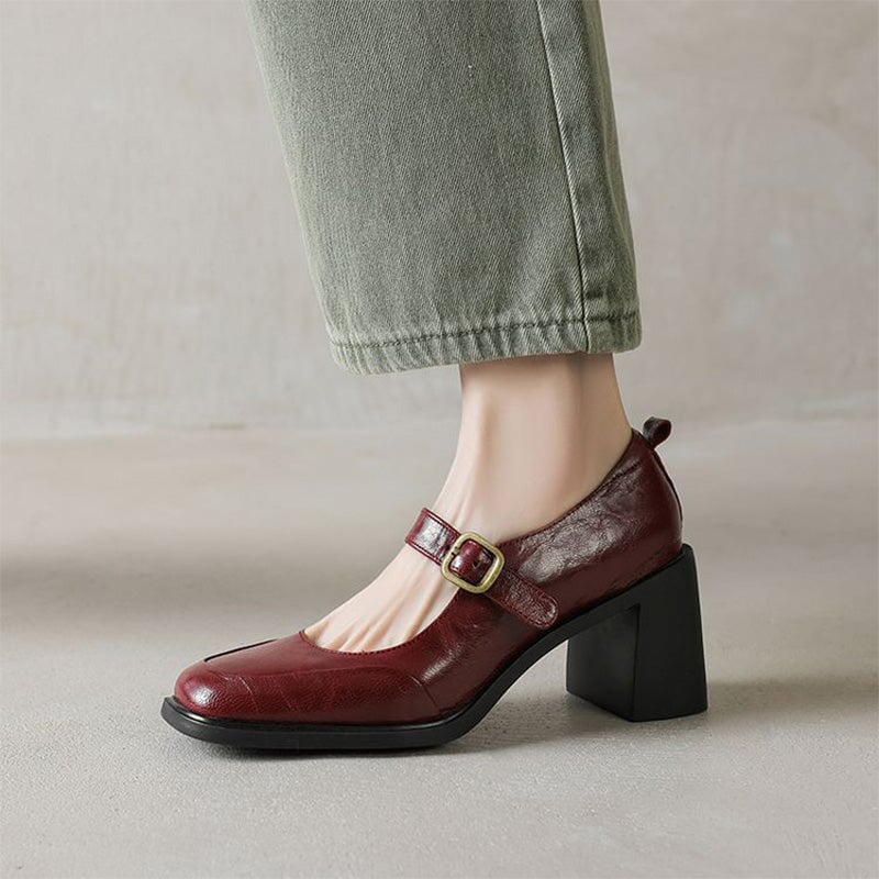 Vintage Classic Sheepskin Square-Toe Mary Jane Shoes in Black/Wine Red