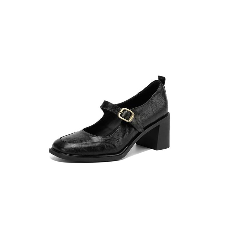 Vintage Classic Sheepskin Square-Toe Mary Jane Shoes in Black/Wine Red