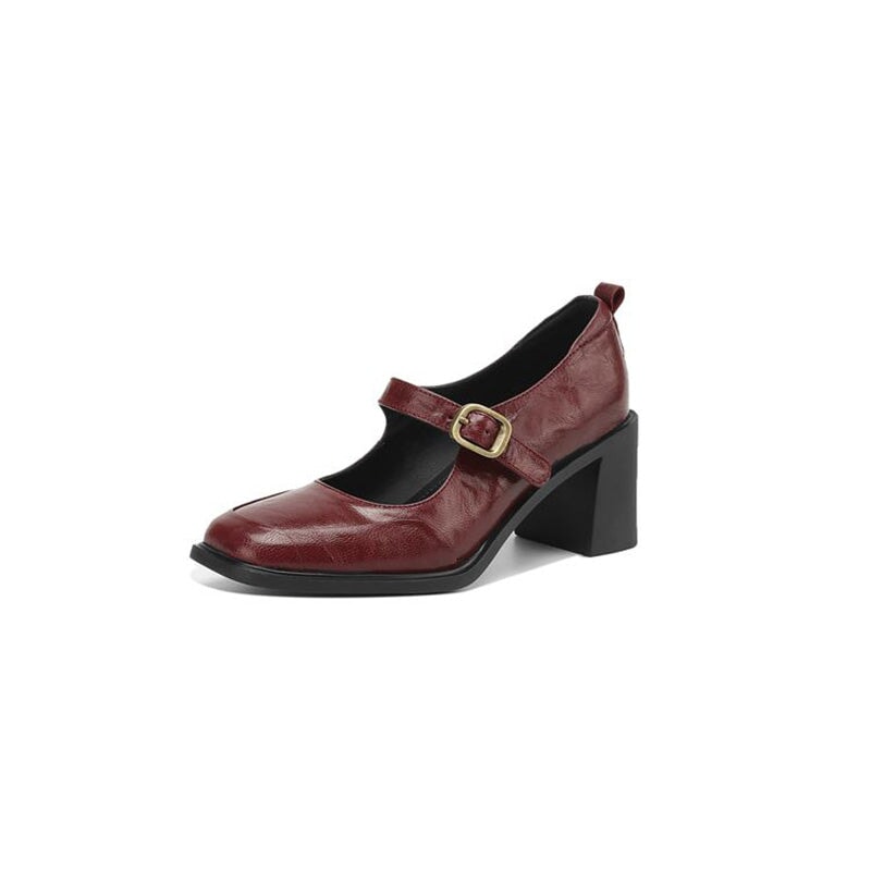Vintage Classic Sheepskin Square-Toe Mary Jane Shoes in Black/Wine Red