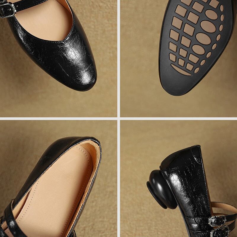 Vintage Crinkle Cowhide Double Strap Mary Jane Shoes in Black/Brown/Silver