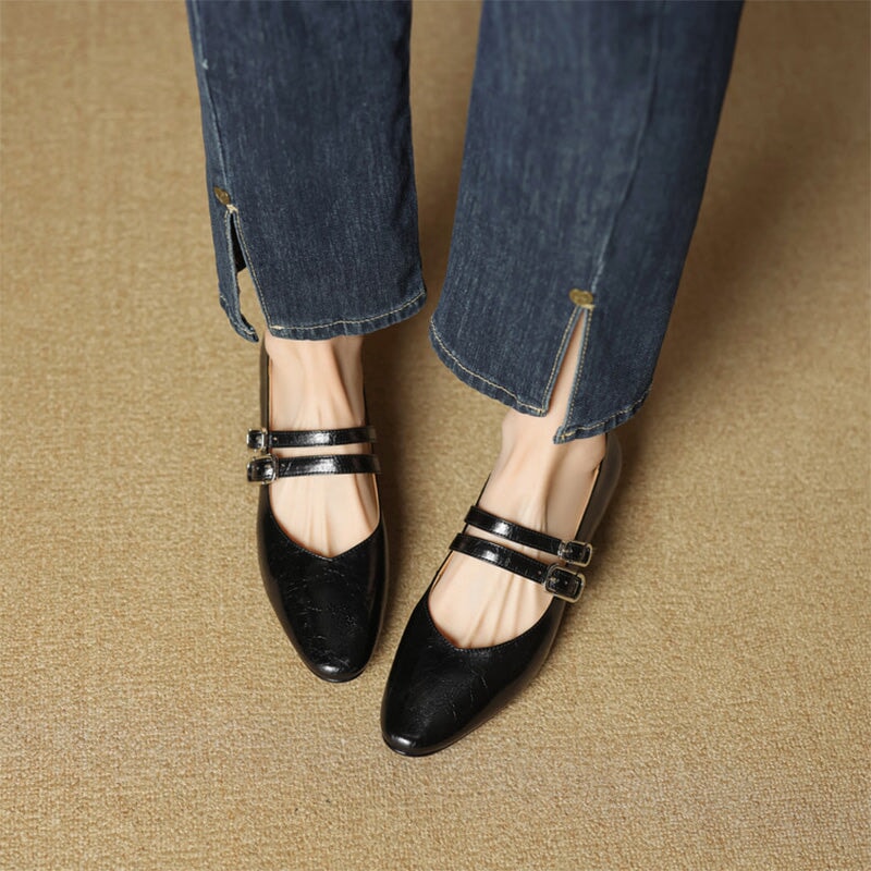 Vintage Crinkle Cowhide Double Strap Mary Jane Shoes in Black/Brown/Silver