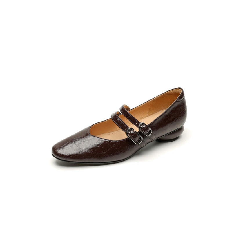 Vintage Crinkle Cowhide Double Strap Mary Jane Shoes in Black/Brown/Silver