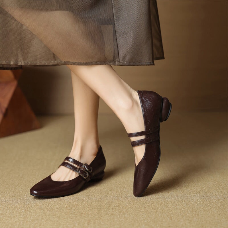 Vintage Crinkle Cowhide Double Strap Mary Jane Shoes in Black/Brown/Silver