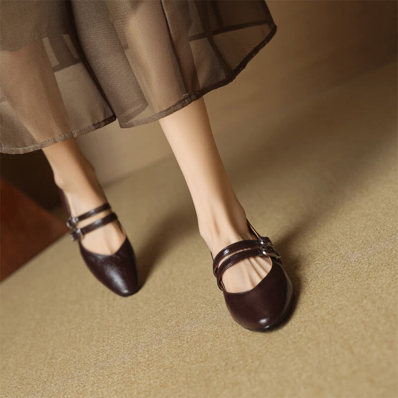 Vintage Crinkle Cowhide Double Strap Mary Jane Shoes in Black/Brown/Silver