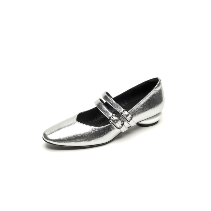 Vintage Crinkle Cowhide Double Strap Mary Jane Shoes in Black/Brown/Silver