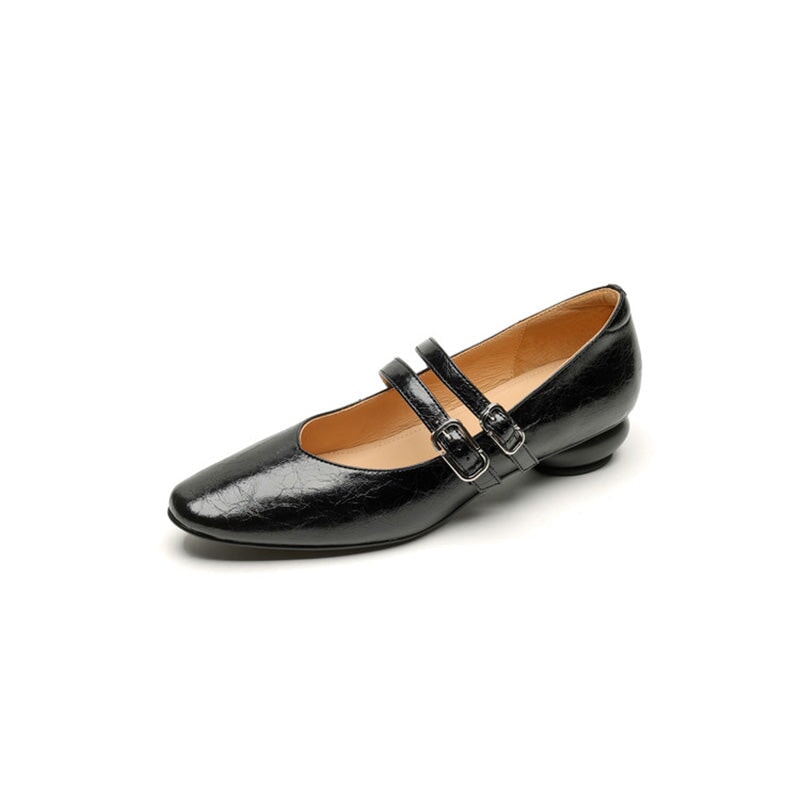 Vintage Crinkle Cowhide Double Strap Mary Jane Shoes in Black/Brown/Silver