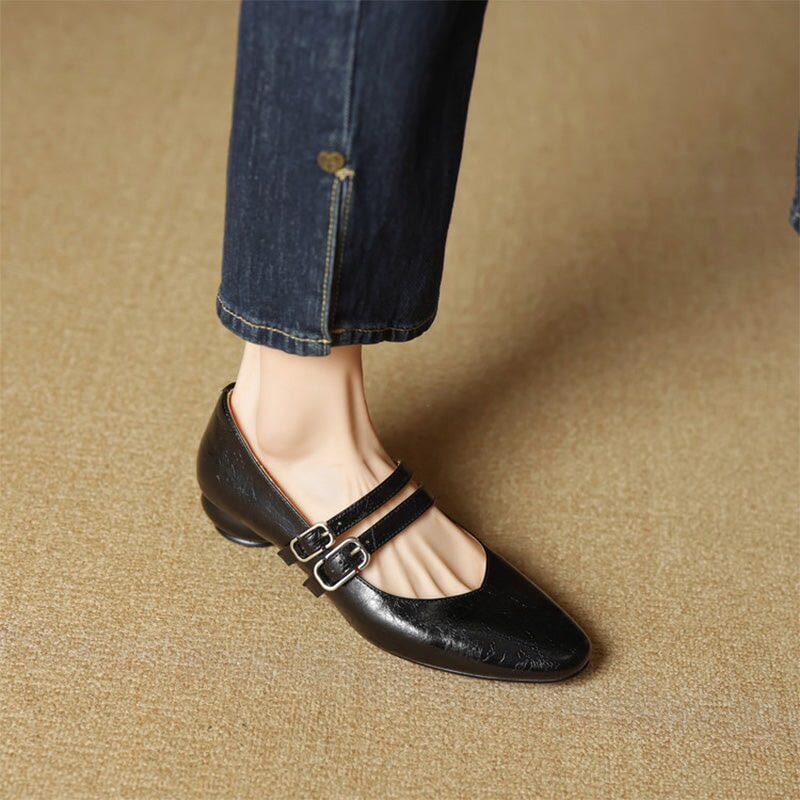 Vintage Crinkle Cowhide Double Strap Mary Jane Shoes in Black/Brown/Silver