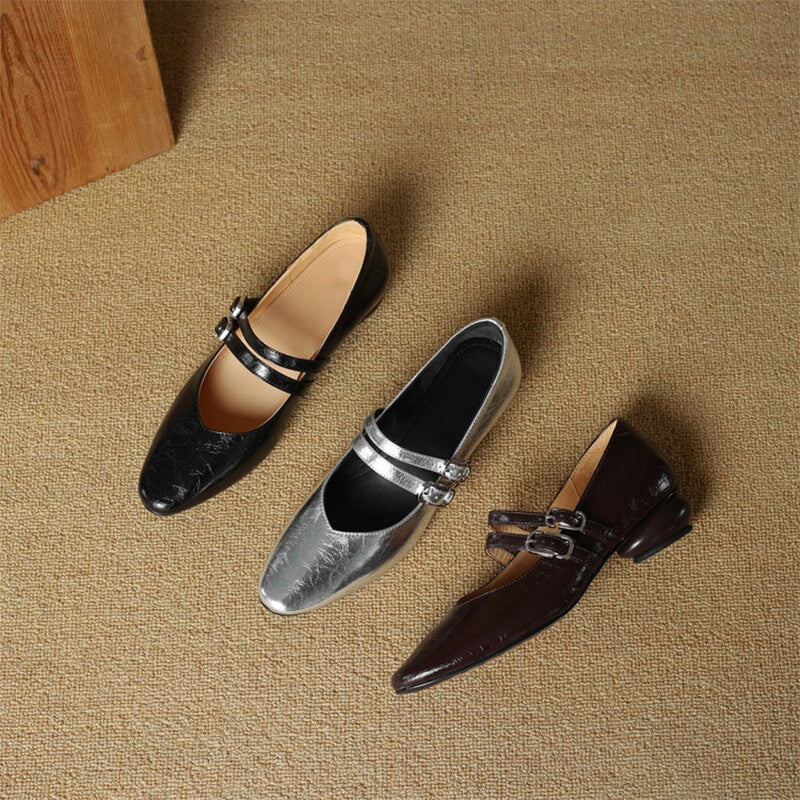 Vintage Crinkle Cowhide Double Strap Mary Jane Shoes in Black/Brown/Silver