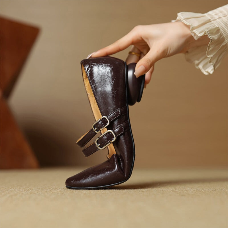 Vintage Crinkle Cowhide Double Strap Mary Jane Shoes in Black/Brown/Silver