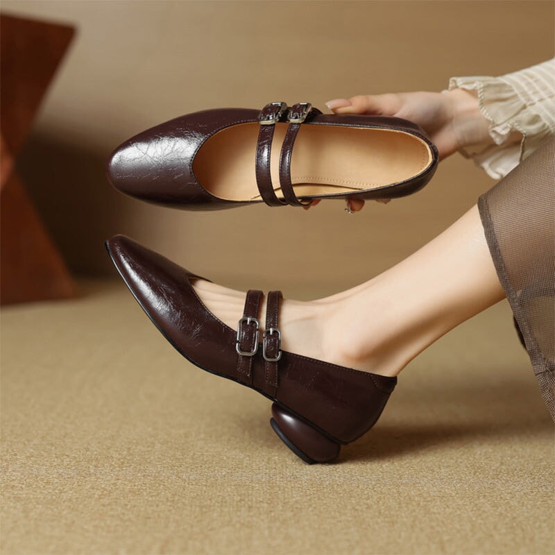 Vintage Crinkle Cowhide Double Strap Mary Jane Shoes in Black/Brown/Silver