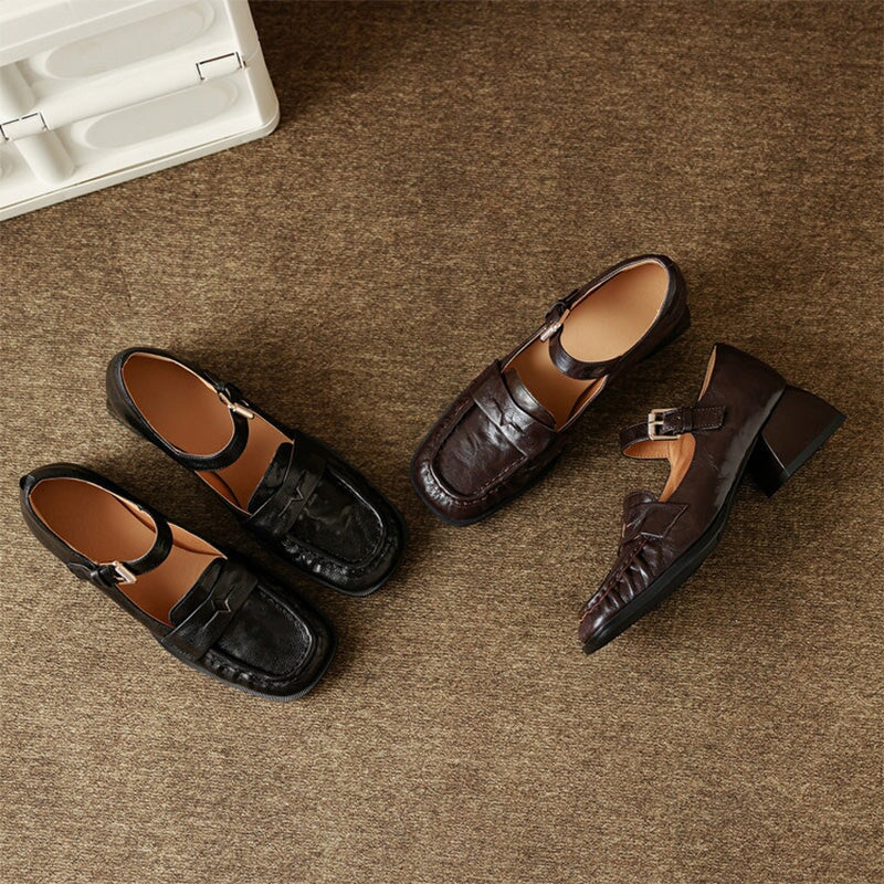 Vintage Crinkle Sheepskin Square Toe Loafer Mary Jane Shoes in Black/Brown