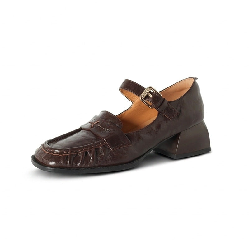 Vintage Crinkle Sheepskin Square Toe Loafer Mary Jane Shoes in Black/Brown