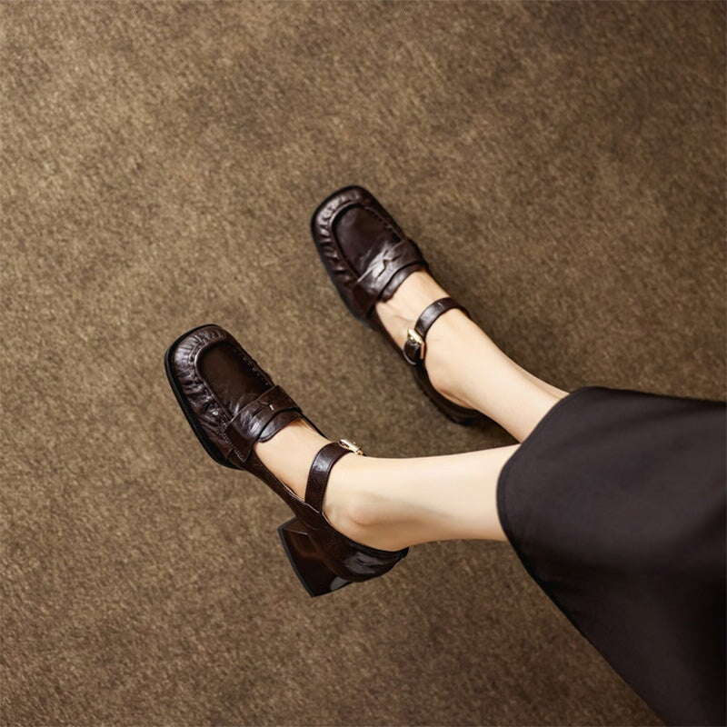 Vintage Crinkle Sheepskin Square Toe Loafer Mary Jane Shoes in Black/Brown