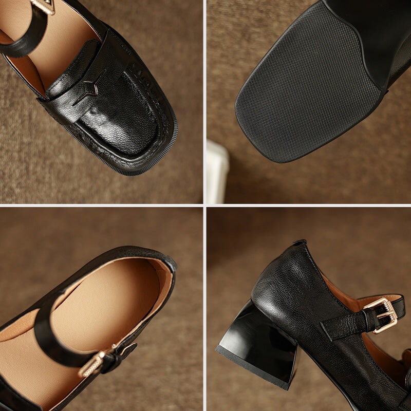 Vintage Crinkle Sheepskin Square Toe Loafer Mary Jane Shoes in Black/Brown