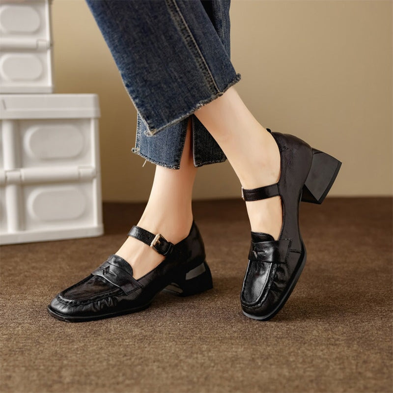 Vintage Crinkle Sheepskin Square Toe Loafer Mary Jane Shoes in Black/Brown