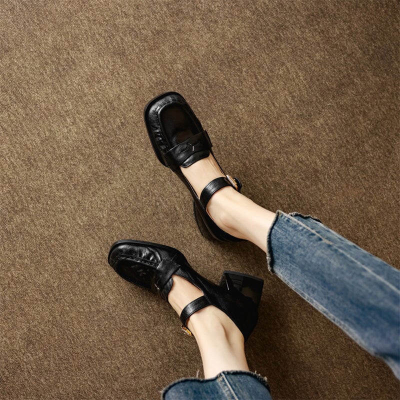 Vintage Crinkle Sheepskin Square Toe Loafer Mary Jane Shoes in Black/Brown