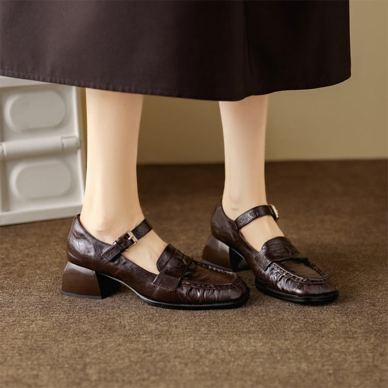 Vintage Crinkle Sheepskin Square Toe Loafer Mary Jane Shoes in Black/Brown