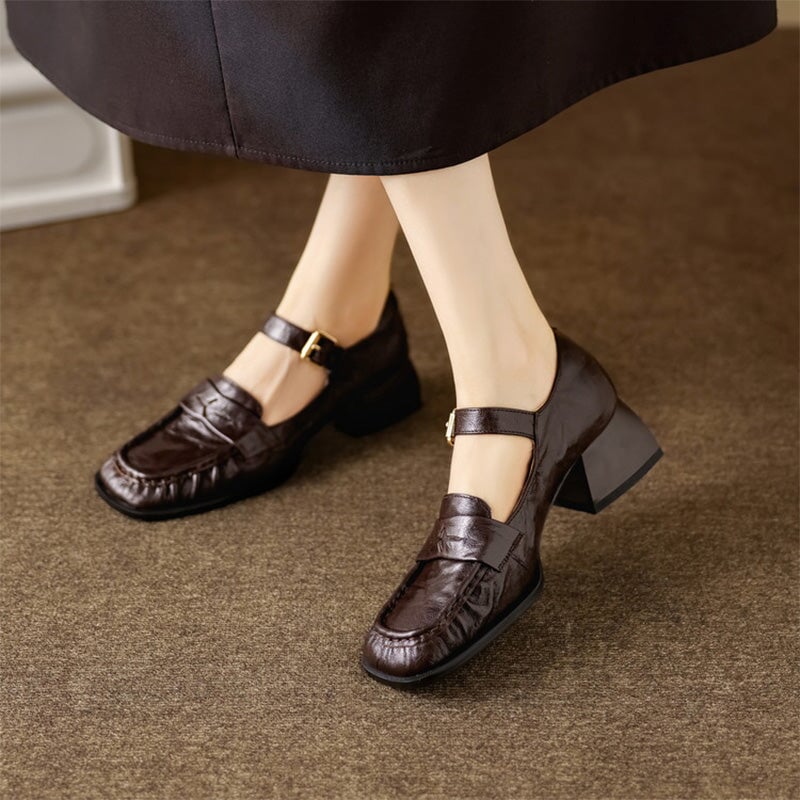 Vintage Crinkle Sheepskin Square Toe Loafer Mary Jane Shoes in Black/Brown