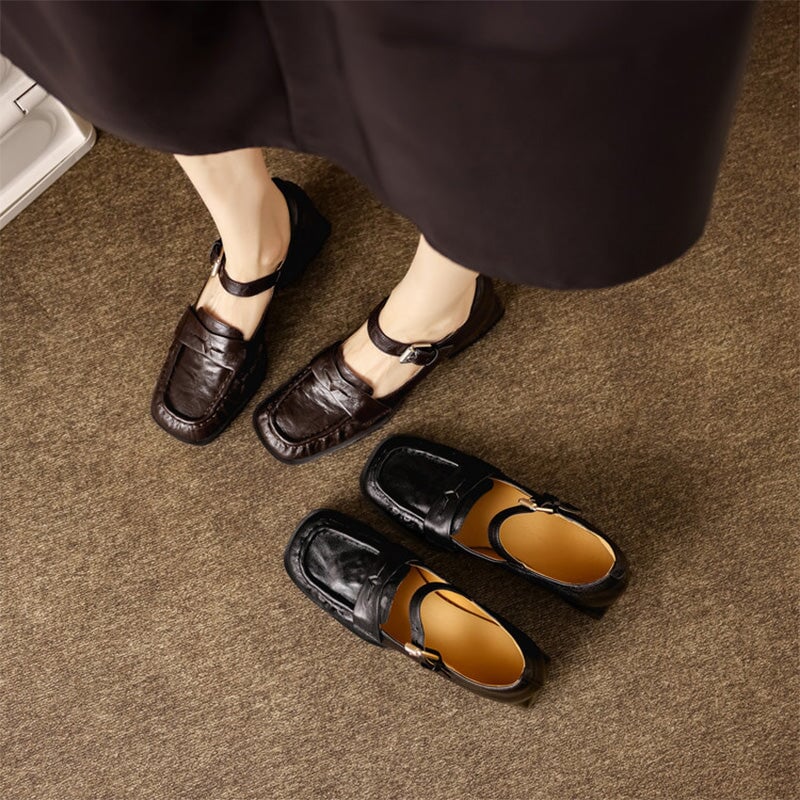 Vintage Crinkle Sheepskin Square Toe Loafer Mary Jane Shoes in Black/Brown