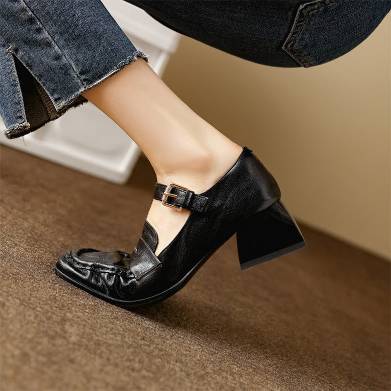 Vintage Crinkle Sheepskin Square Toe Loafer Mary Jane Shoes in Black/Brown