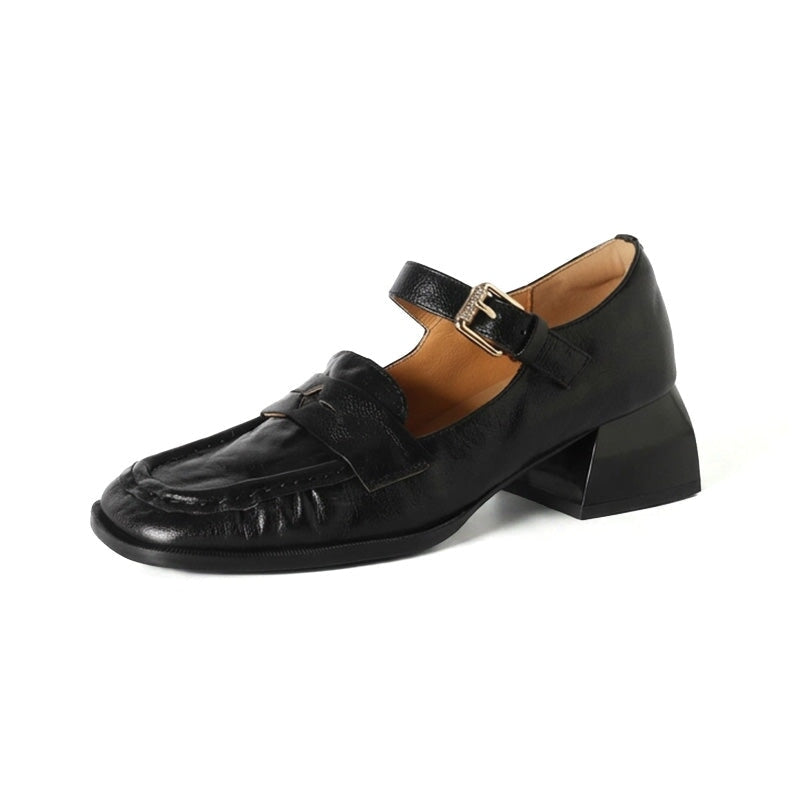 Vintage Crinkle Sheepskin Square Toe Loafer Mary Jane Shoes in Black/Brown