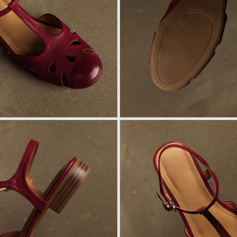 Vintage Cutout T-Strap Closed-Toe Leather Mary Jane Sandals in Beige/Black/Wine Red