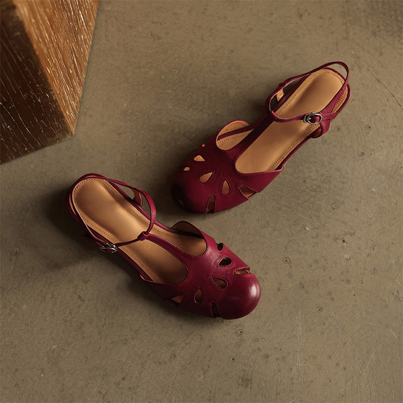 Vintage Cutout T-Strap Closed-Toe Leather Mary Jane Sandals in Beige/Black/Wine Red