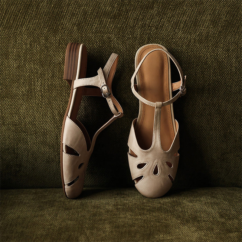 Vintage Cutout T-Strap Closed-Toe Leather Mary Jane Sandals in Beige/Black/Wine Red