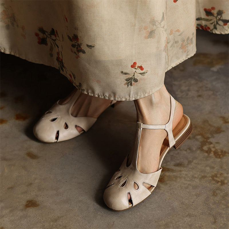 Vintage Cutout T-Strap Closed-Toe Leather Mary Jane Sandals in Beige/Black/Wine Red