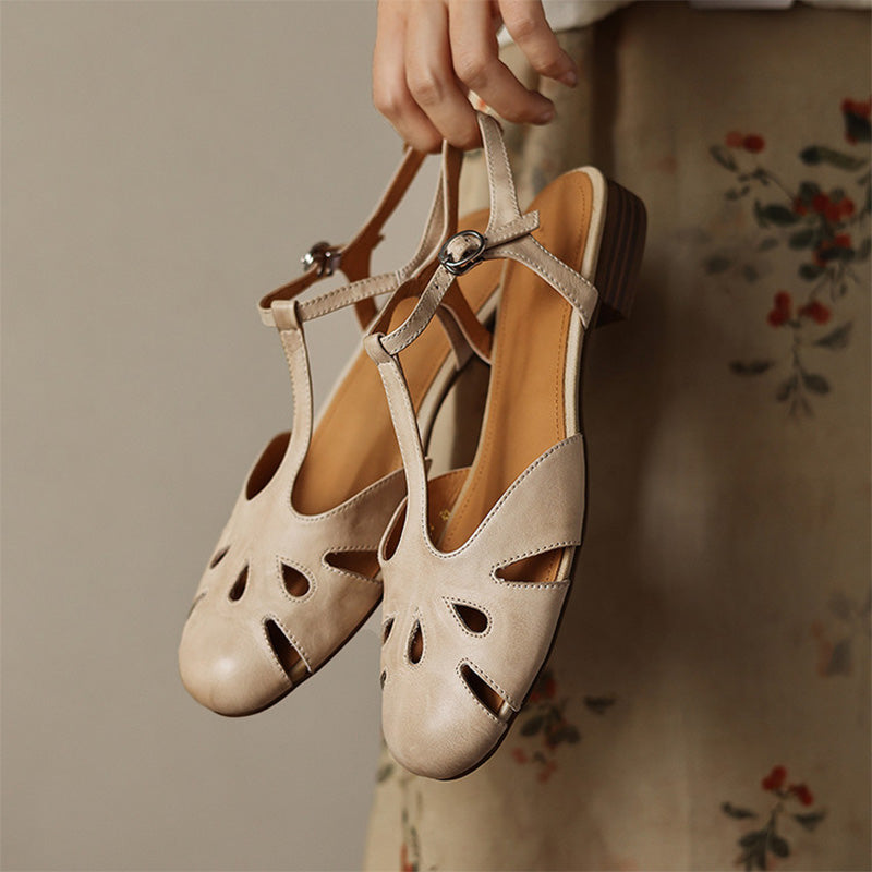 Vintage Cutout T-Strap Closed-Toe Leather Mary Jane Sandals in Beige/Black/Wine Red