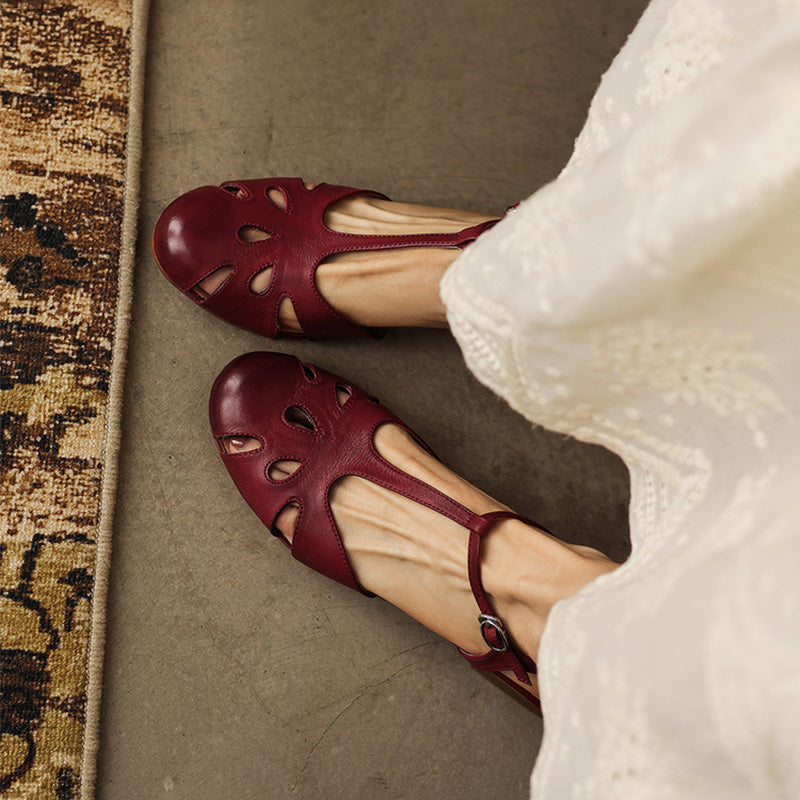 Vintage Cutout T-Strap Closed-Toe Leather Mary Jane Sandals in Beige/Black/Wine Red