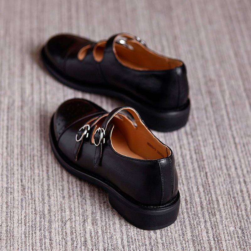 Vintage Double Strap Mary Jane Brogues Handmade Leather Academic Style Shoes in Beige/Black