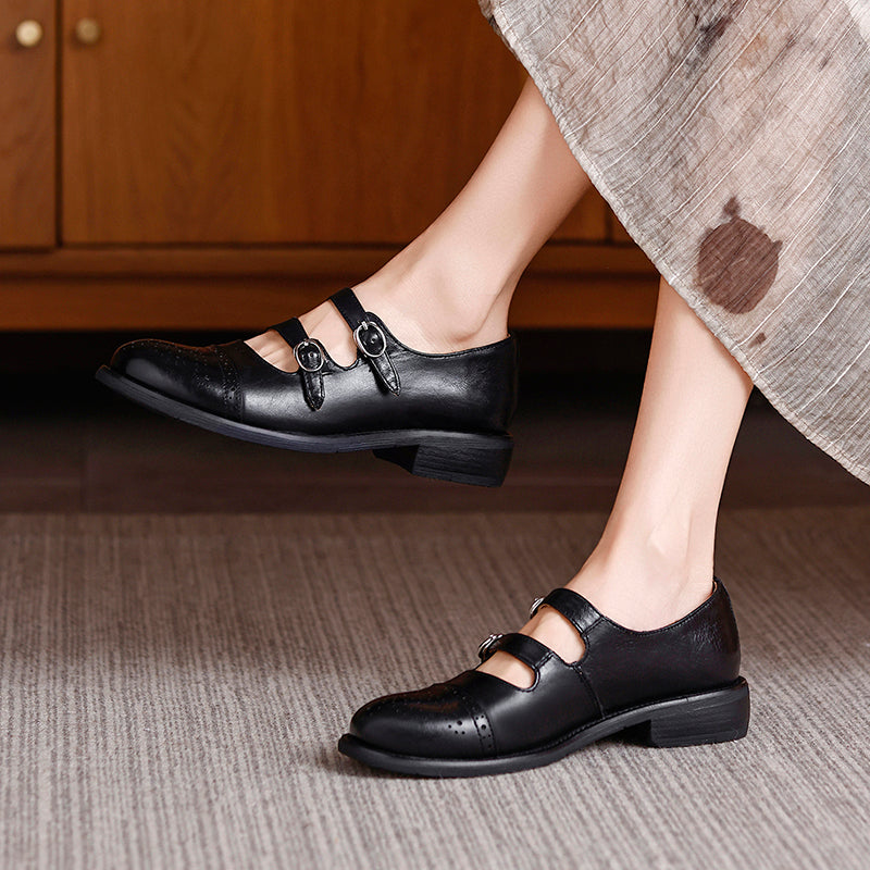 Vintage Double Strap Mary Jane Brogues Handmade Leather Academic Style Shoes in Beige/Black