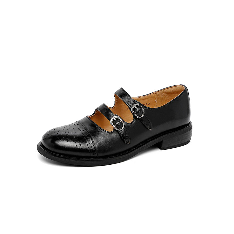 Vintage Double Strap Mary Jane Brogues Handmade Leather Academic Style Shoes in Beige/Black
