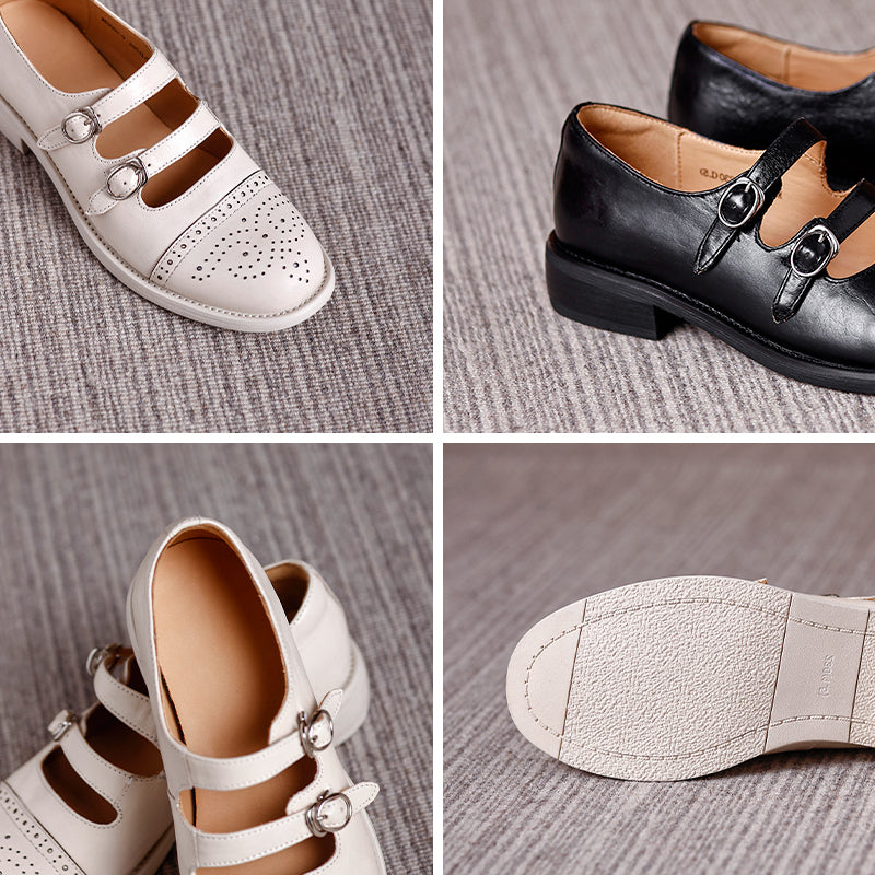 Vintage Double Strap Mary Jane Brogues Handmade Leather Academic Style Shoes in Beige/Black