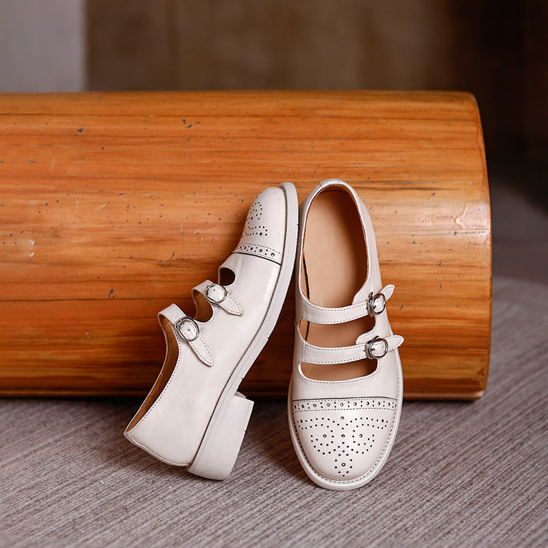 Vintage Double Strap Mary Jane Brogues Handmade Leather Academic Style Shoes in Beige/Black