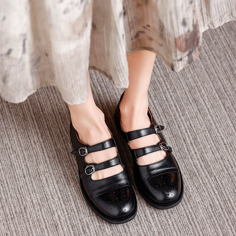 Vintage Double Strap Mary Jane Brogues Handmade Leather Academic Style Shoes in Beige/Black