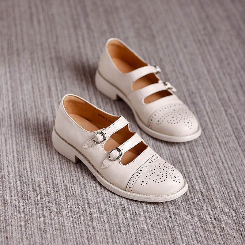 Vintage Double Strap Mary Jane Brogues Handmade Leather Academic Style Shoes in Beige/Black