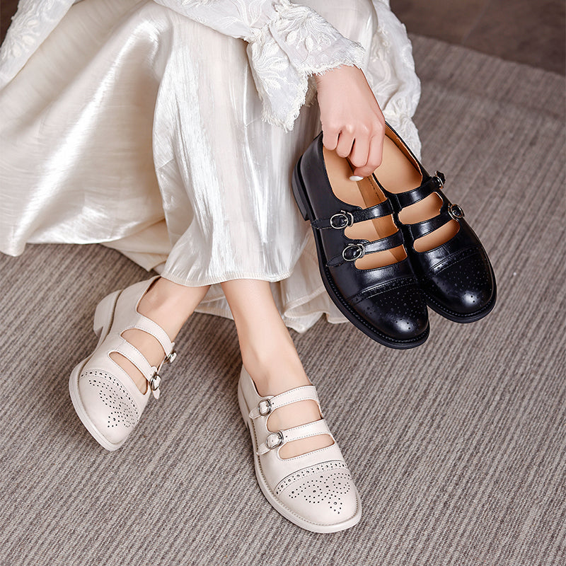 Vintage Double Strap Mary Jane Brogues Handmade Leather Academic Style Shoes in Beige/Black